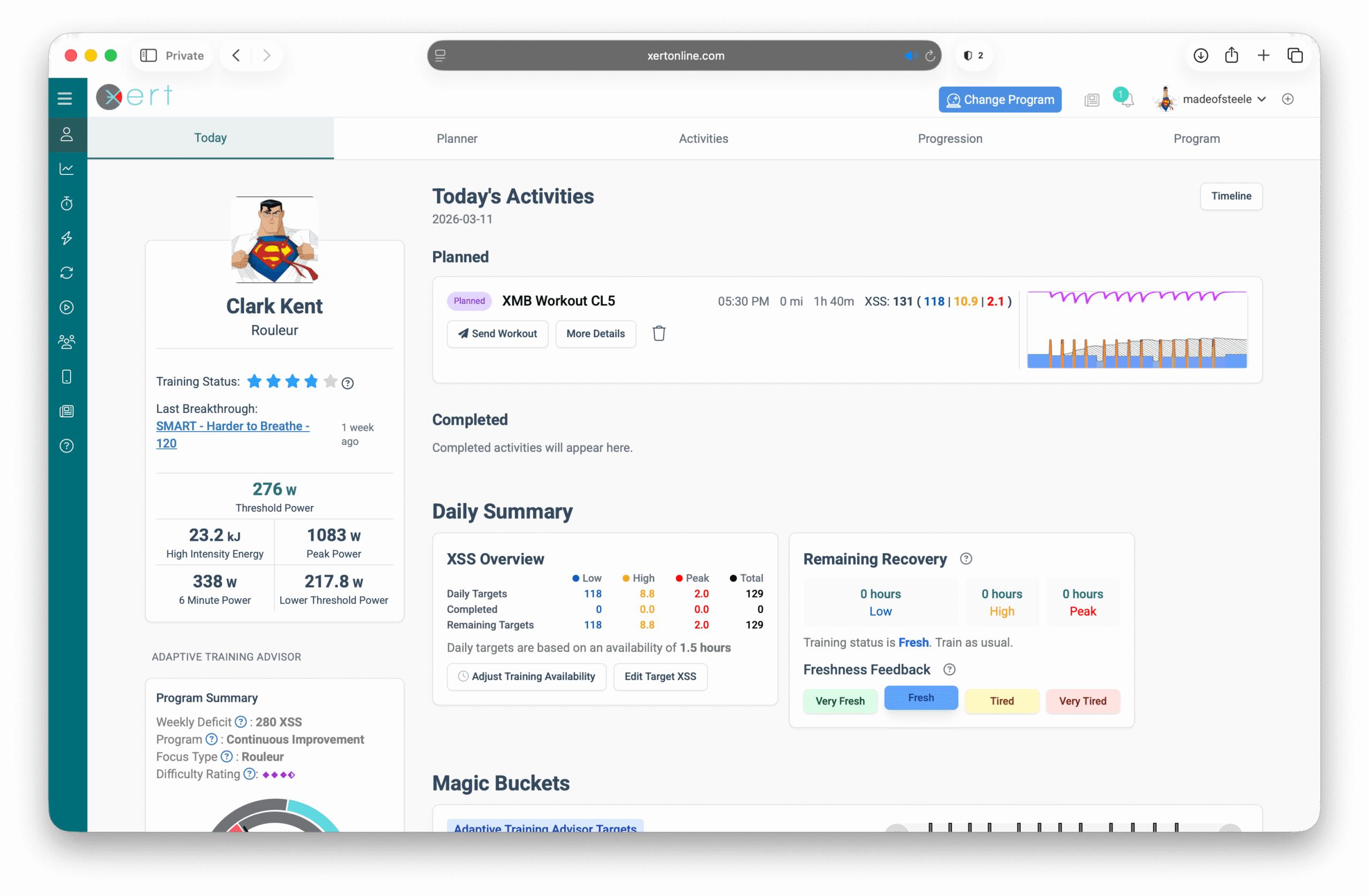 Magic Buckets workouts scheduled on the Today Page