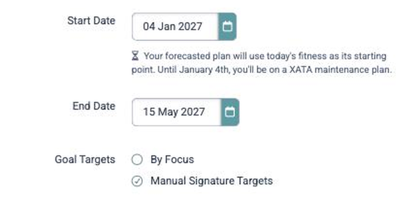 Forecast AI Goal form showing a future Start Date and the note explaining the maintenance plan until that date