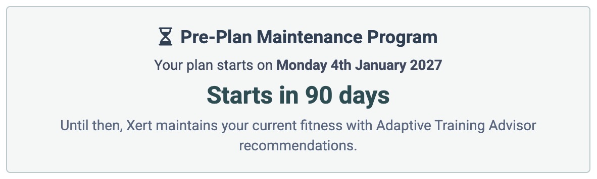 Program page showing the Pre-Plan Maintenance Program card, 'Starts in 90 days', with the Goal and fitness signature gauges