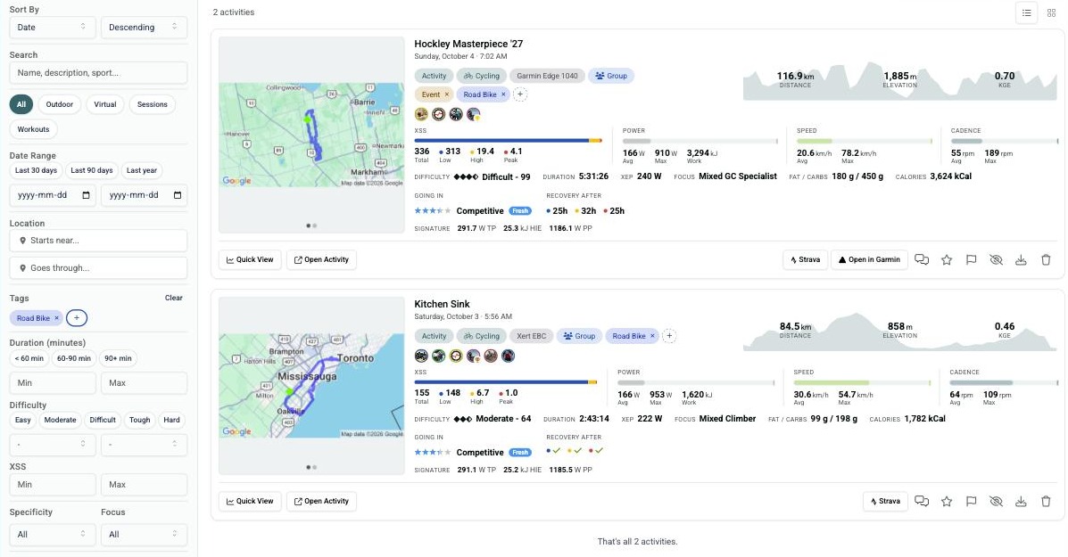 Activities dashboard filtered by a bike tag, showing the matching activity cards with their coloured tags