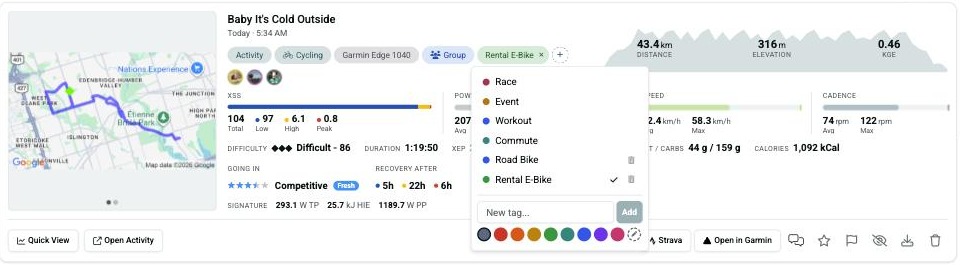 Activity card with the tag menu open, showing the Race, Event, Workout and Commute standard tags and custom bike tags, each with a colour swatch