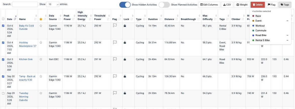 Activities table view with the Tags column showing and four activities selected, with the bulk Tags menu open